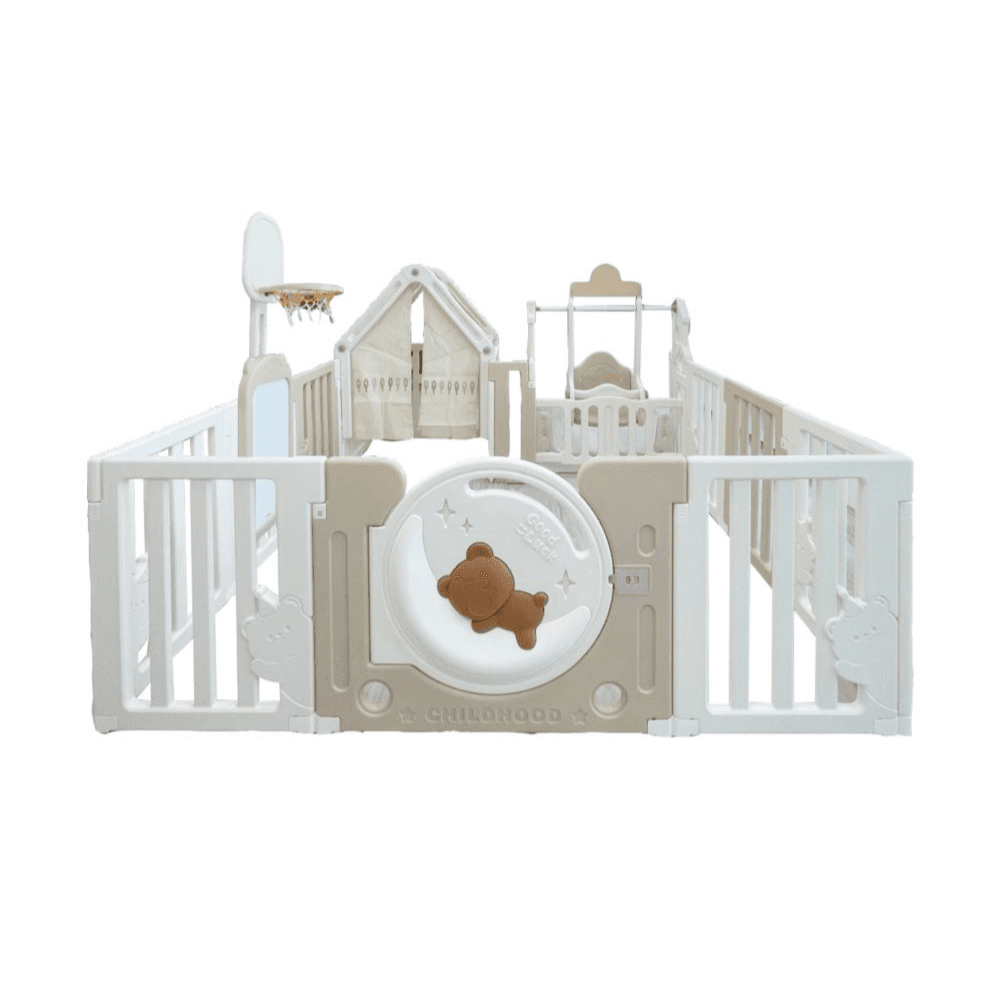 Bear Moon Playpen (no mat) - Drawing Board + Basketball Hoop + Small House + Swing + Rocking Horse + Moon Light 