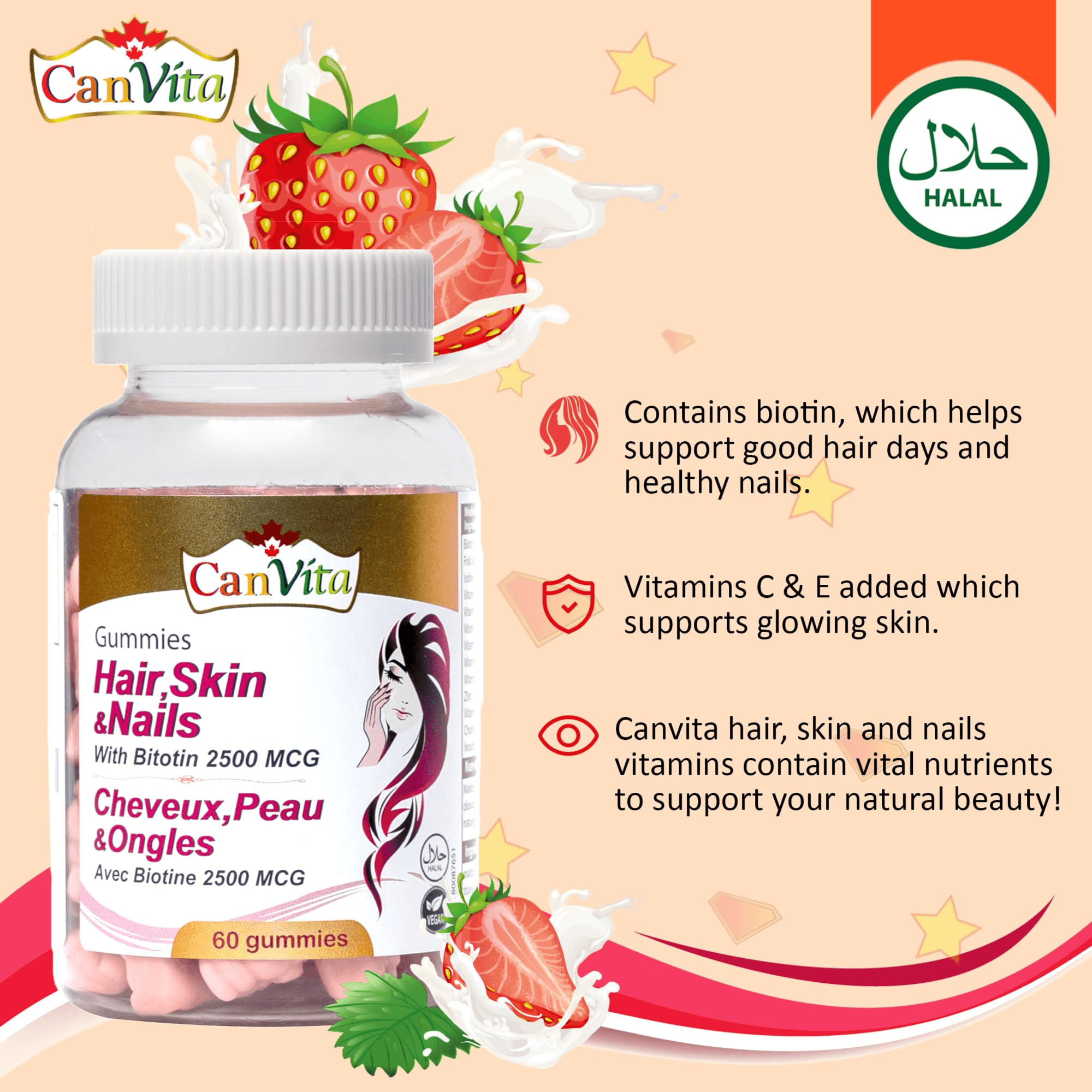 Canvita Hair,Skin & Nails With Biotin 2500Mcg 60 Gummies