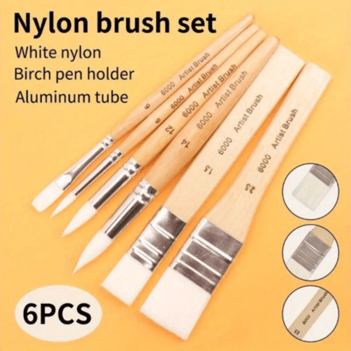 6pcs Premium Paint Brush Set - Wooden Handles & Nylon Bristles for All Art Styles