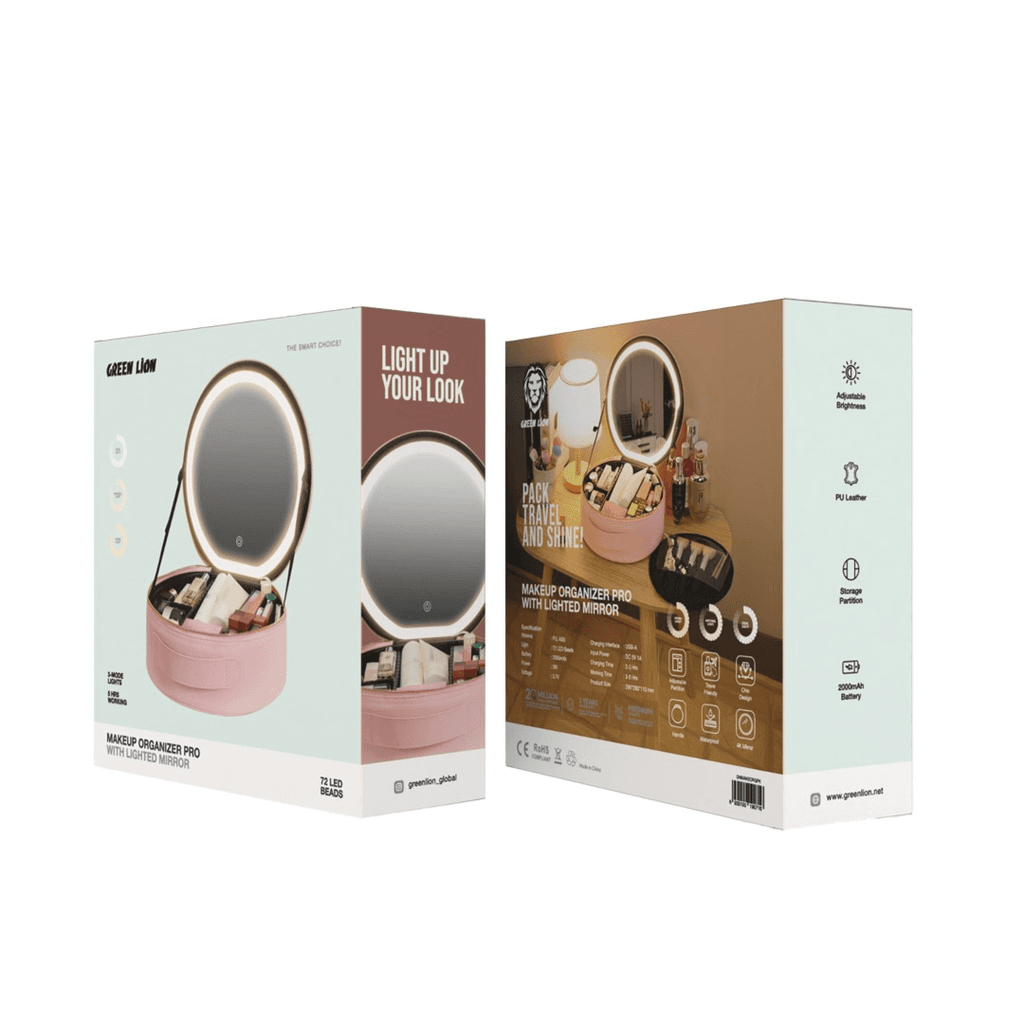 Makeup Organizer Pro with 4K Mirror, Green lion-pink