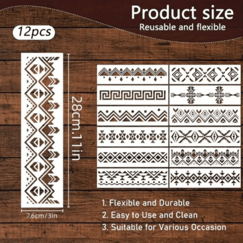 12pcs Aztec & Boho Border Stencil Set
