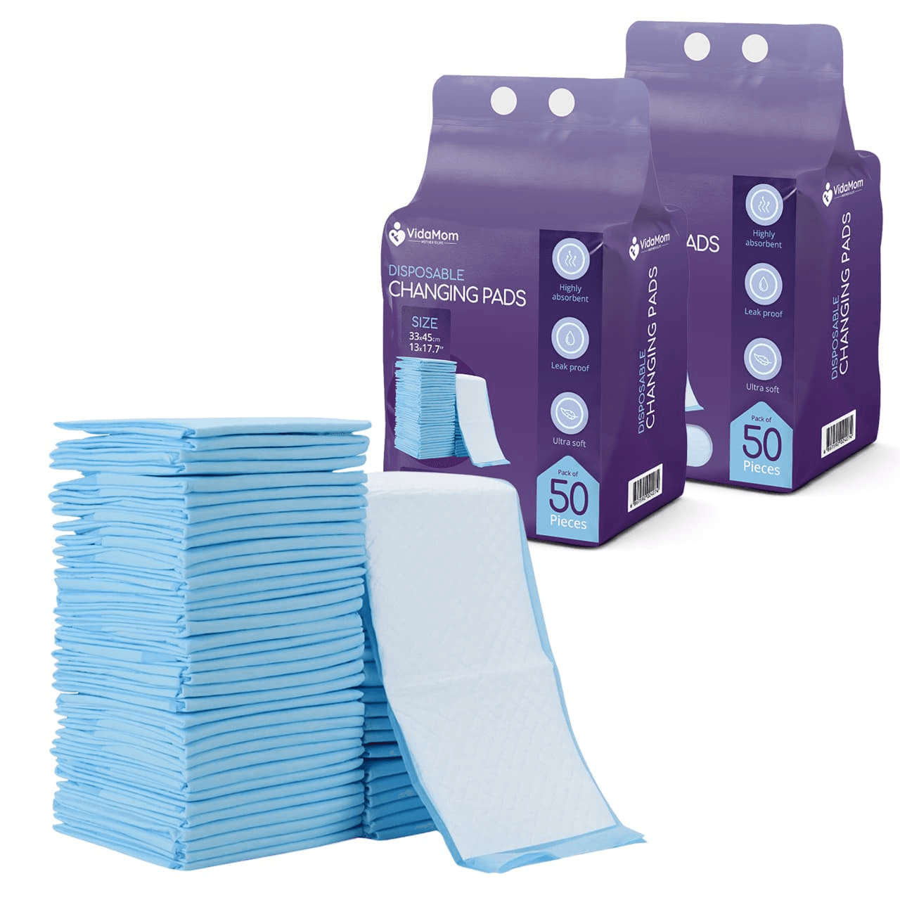 Disposable Diaper Changing Mats - Pack of 100 pcs By VidaMom, Blue