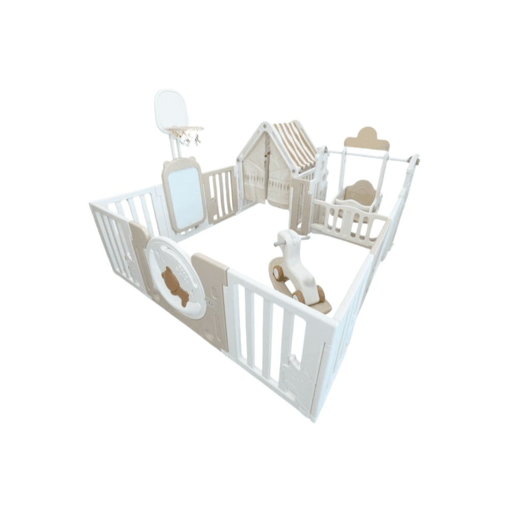 Bear Moon Playpen (no mat) - Drawing Board + Basketball Hoop + Small House + Swing + Rocking Horse + Moon Light 