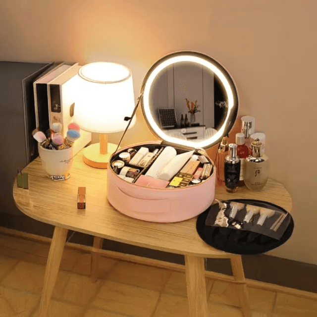 Makeup Organizer Pro with 4K Mirror, Green lion-pink