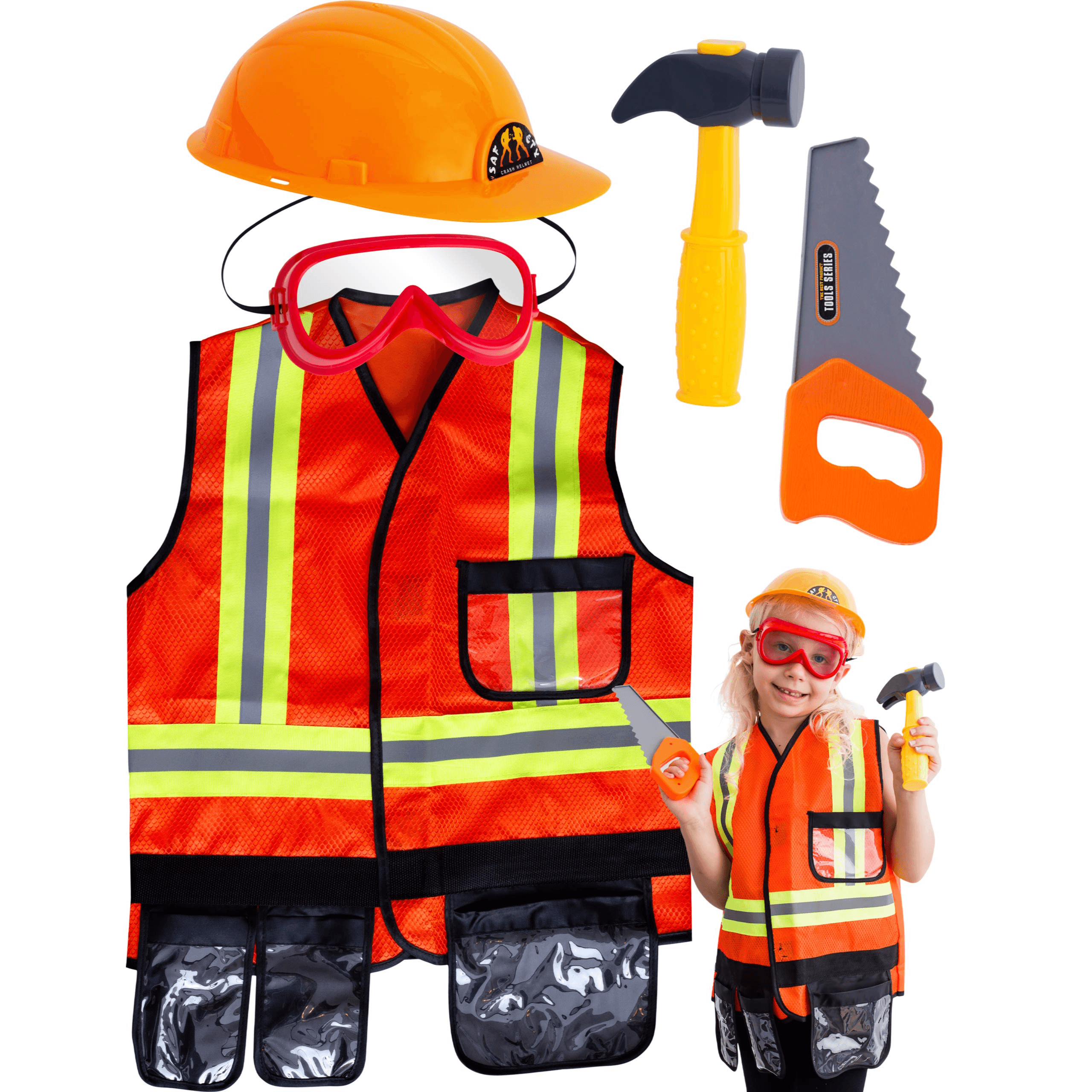 Construction Worker Costume Role Play Dress Up Kids Construction Vest with Hard Hat and Toy Tools for 3-8 years old