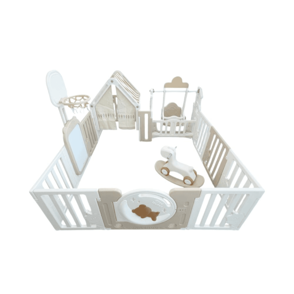 Bear Moon Playpen (no mat) - Drawing Board + Basketball Hoop + Small House + Swing + Rocking Horse + Moon Light 