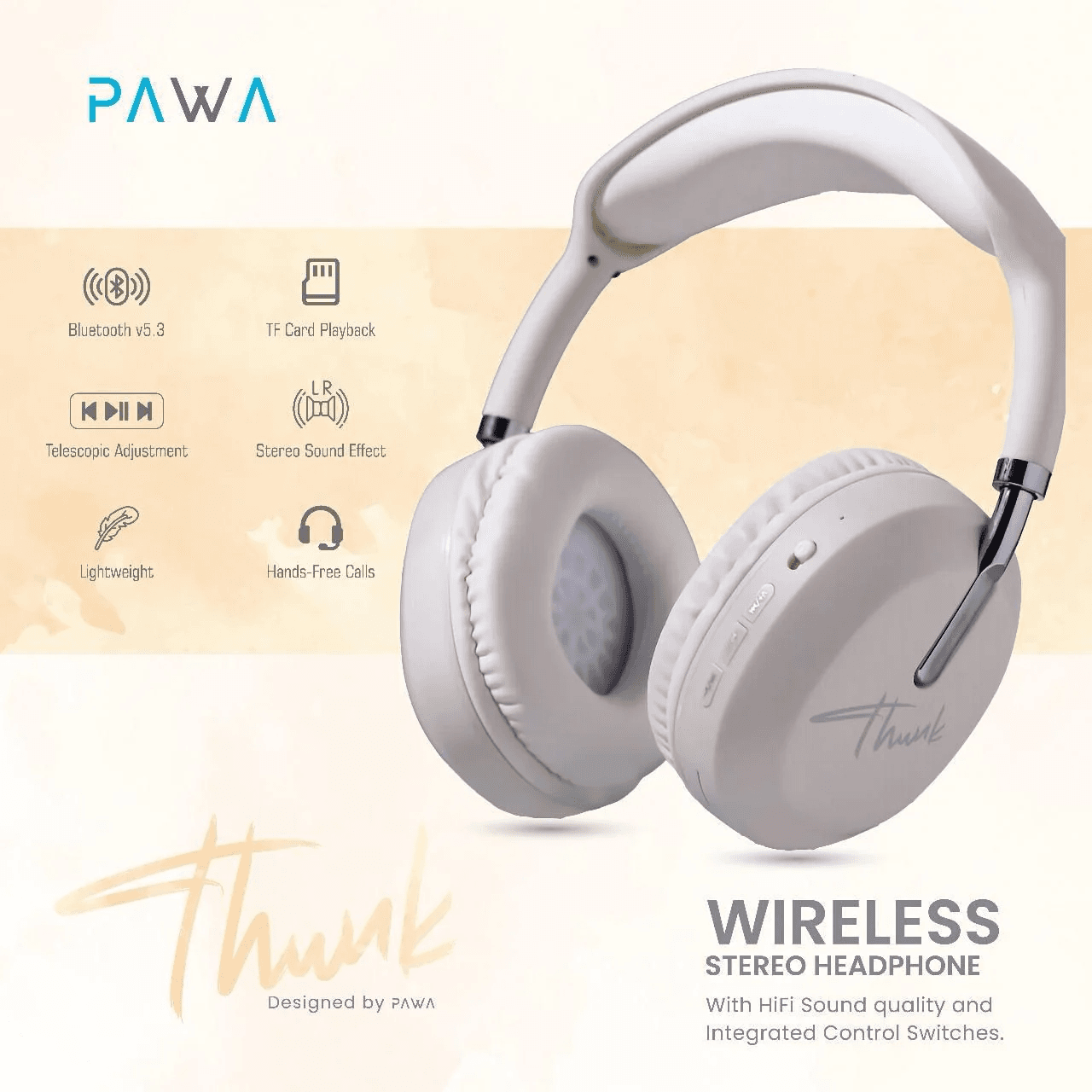 Pawa Thunk Overear Wireless Stereo Headphone HiFi Sound Quality White