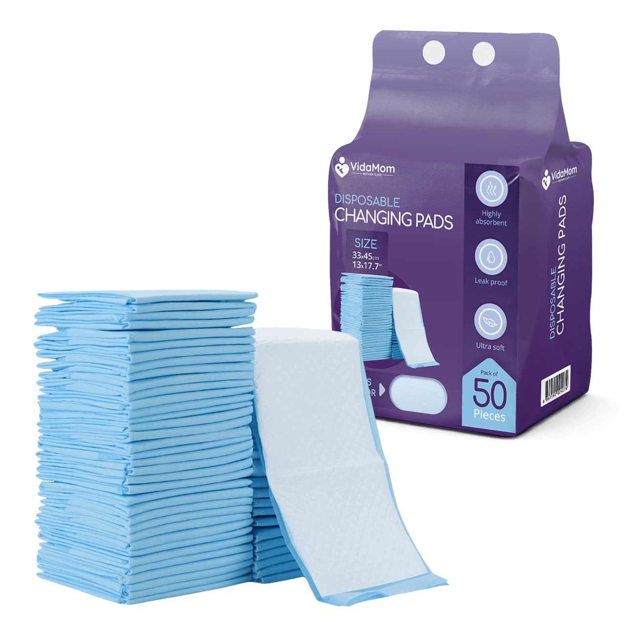Disposable Diaper Changing Mats - Pack of 50pcs By VidaMom, Blue