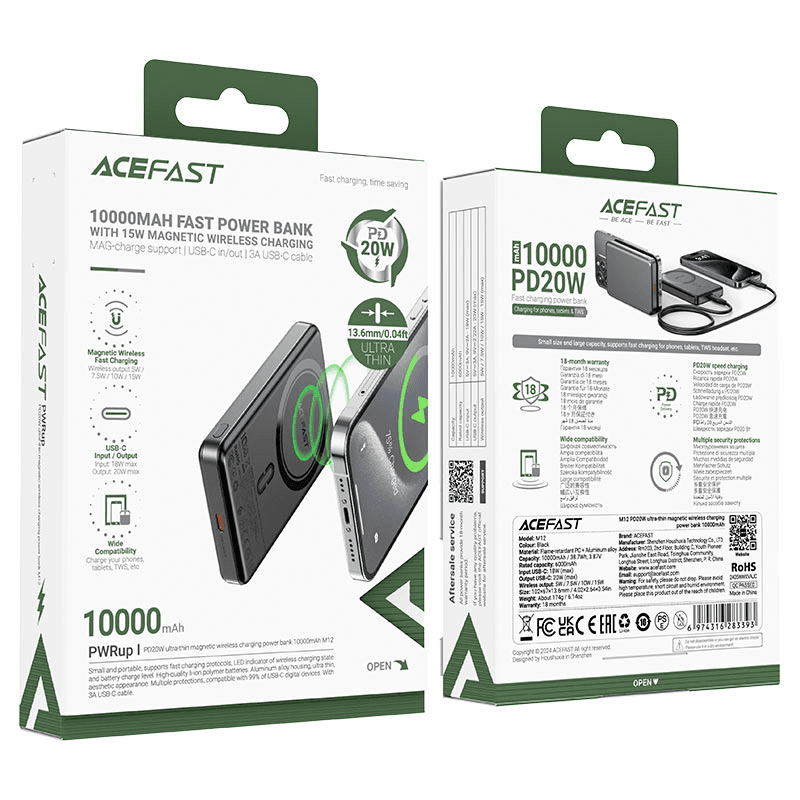ACEFAST M12-10000 PD20W ULTRA-THIN MAGNETIC WIRELESS CHARGING POWER BANK BLACK