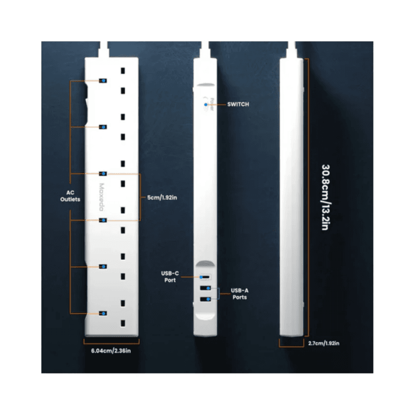 Moxedo 3250W Power Strip Surge Protector 9 Way 1 USB-C PD Ports + 2 USB-A Ports + 6 AC Outlets with 2M Cable Length