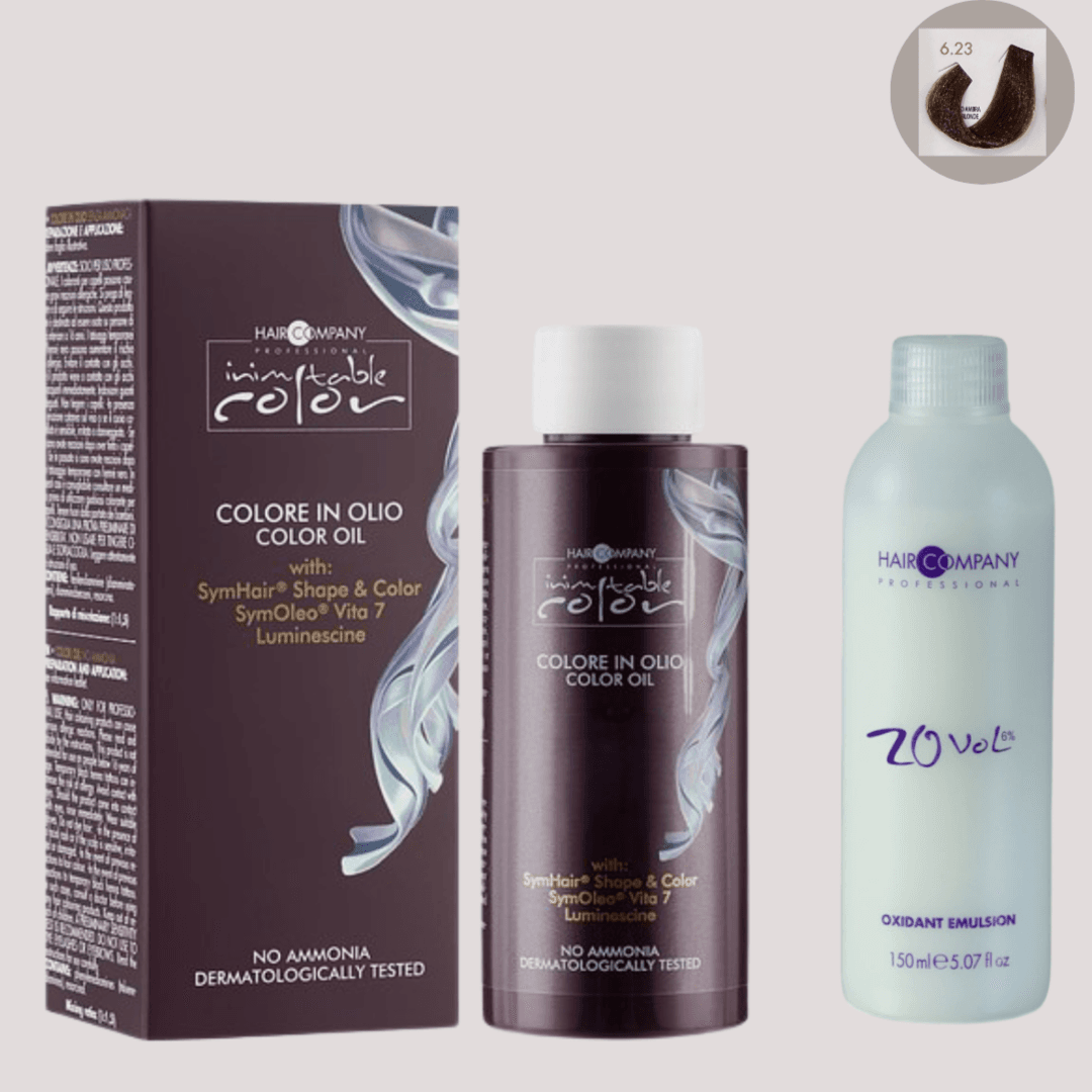 زيت تلوين الشعر Inimitable من Hair Company 6.23 Amber Dark Blonde 100 مل LB13137 + مستحلب مؤكسد 20 Vol. (6%)