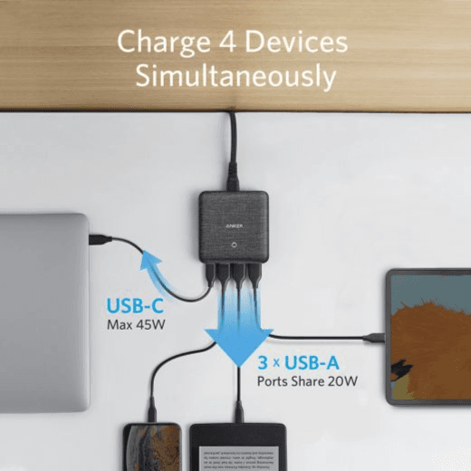 شاحن Anker PowerPort Atom III Slim بقوة 65 واط بتقنية PD+3IQ (أربعة منافذ) - أزرق