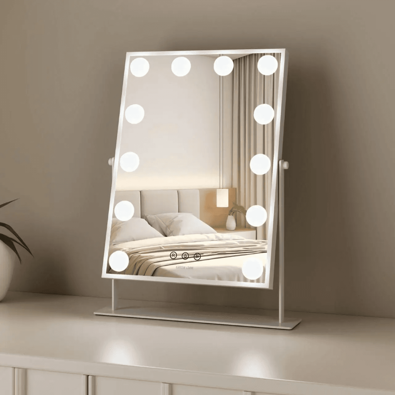 Makeup Mirror 12 LED, Type-C Cable,  Glam Shine, Touch -  Green Lion - White