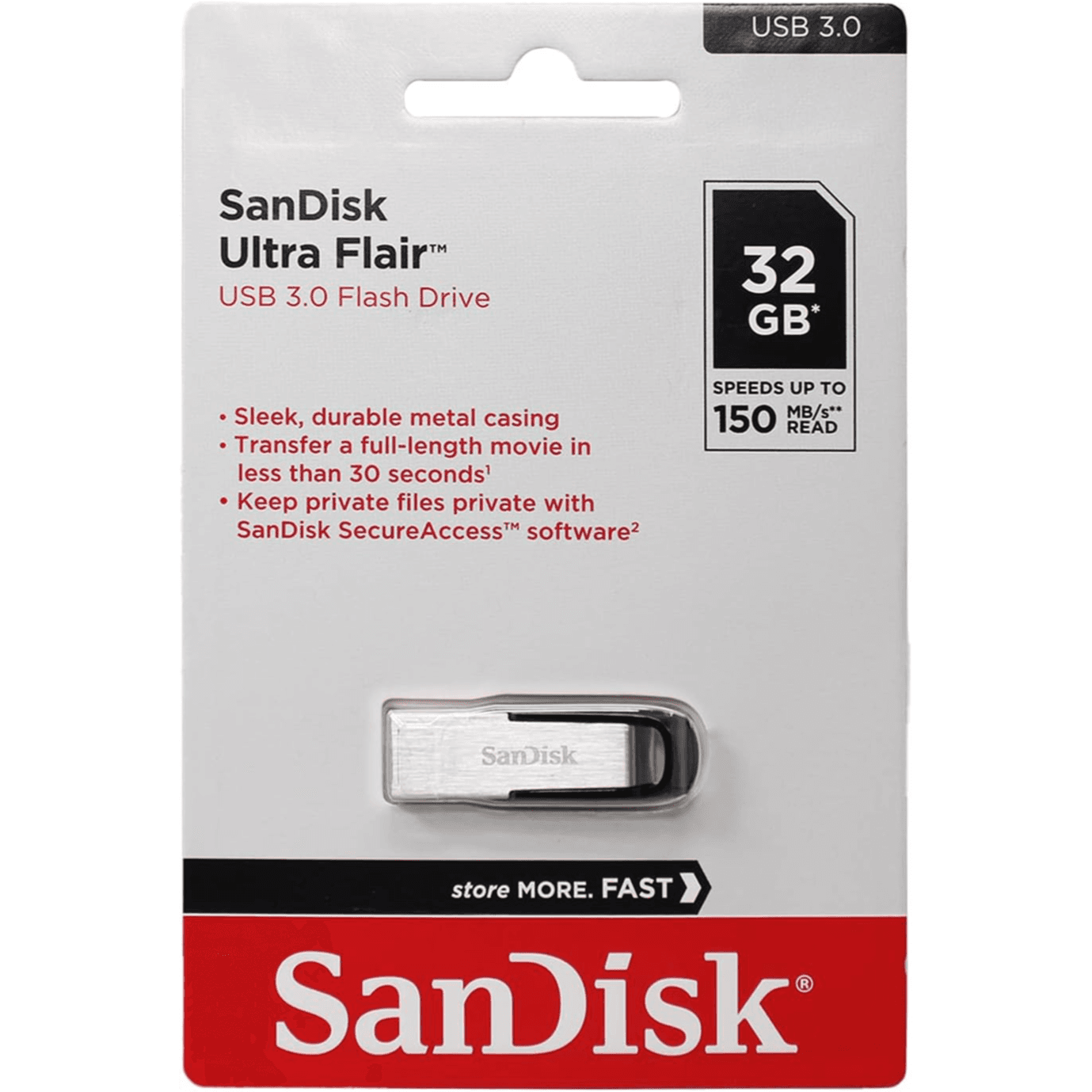 SanDisk 32GB Ultra Flair USB 3.0 Flash Drive, USB 3.0 Type-A Interface, 150 MB/sMax Data Read Speed, Backward Compatible with USB 2.0, Windows and Mac Compatible | SDCZ73-032G-G46