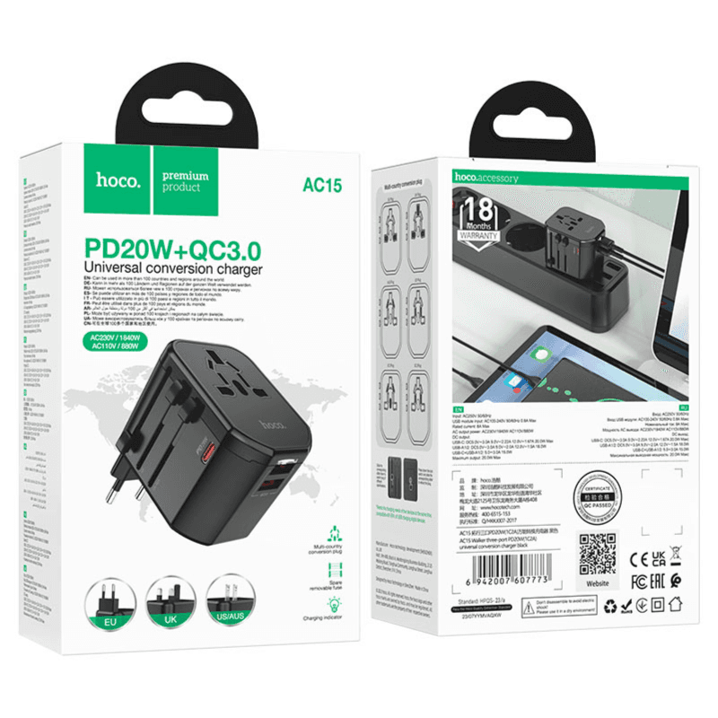 Hoco Conversion Multi charger “AC15 Walker” PD20W EU / US / UK / AU