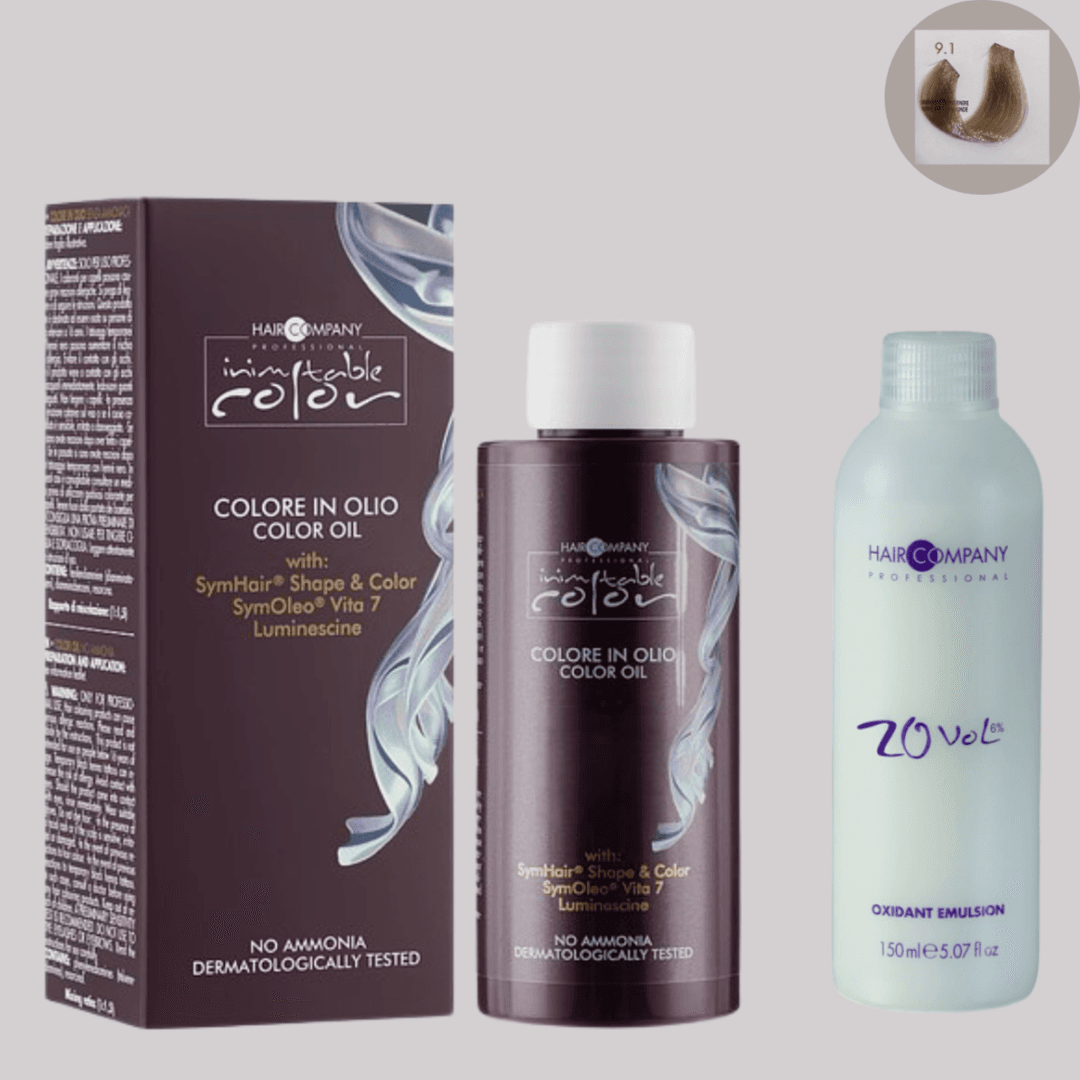 زيت تلوين الشعر Inimitable من Hair Company 9.1 أشقر رمادي فاتح جدًا 100 مل LB13130 ​​+ مستحلب مؤكسد 20 مجلد مستحلب مؤكسد (6%)