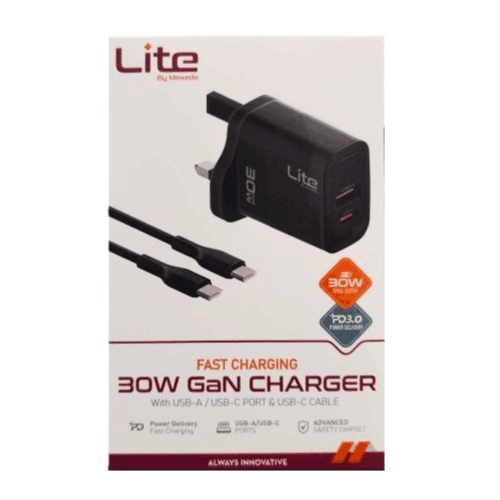 MOXEDO LITE 30W GAN CHARGER WITH USB-A / USB-C PORT & USB-C CABLE (ML-C011-C)