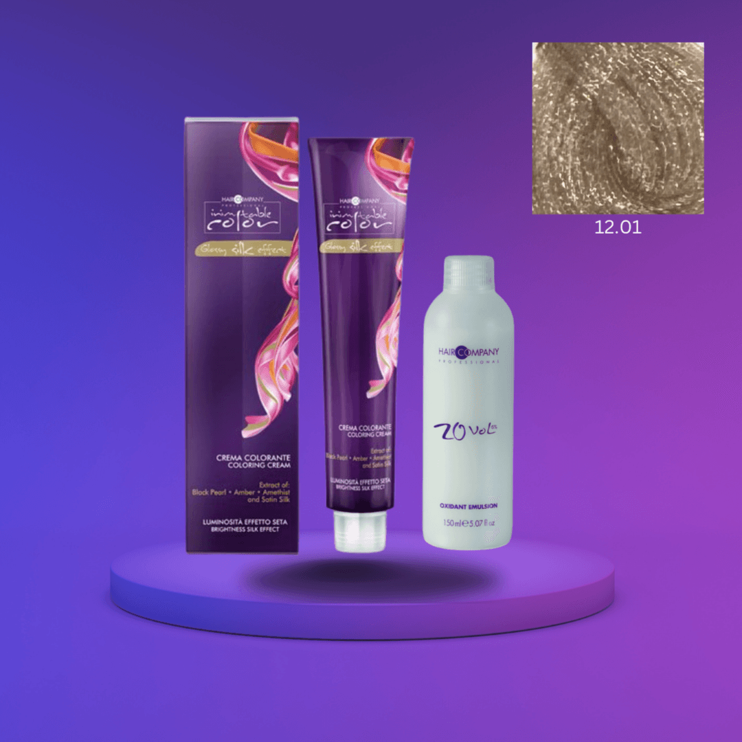 كريم تلوين الشعر Inimitable Color Cream من Hair Company بلون أشقر خاص 12.01 أشقر ثلجي رمادي 100 مل LB11957 + مستحلب مؤكسد بنسبة 20%