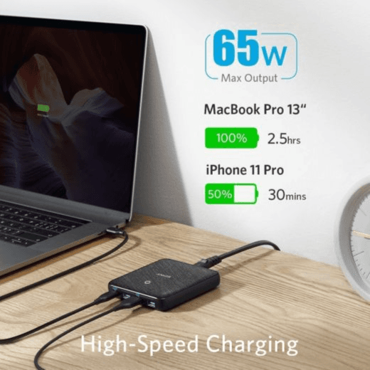 شاحن Anker PowerPort Atom III Slim بقوة 65 واط بتقنية PD+3IQ (أربعة منافذ) - أزرق