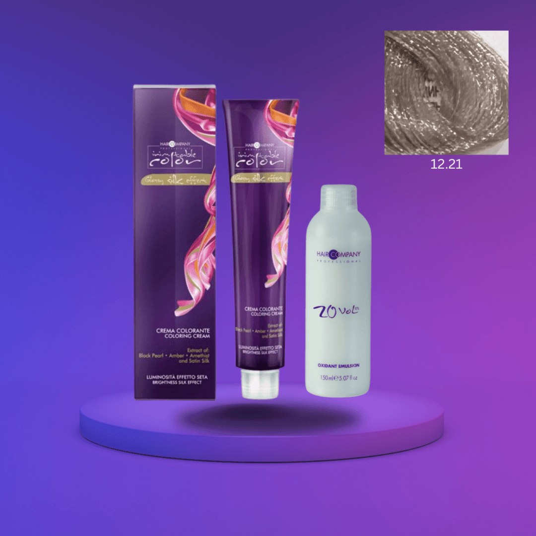 كريم تلوين الشعر Inimitable Color Cream من Hair Company بلون أشقر خاص 12.21 أشقر قزحي 100 مل LB11956 + مستحلب مؤكسد بنسبة 20%