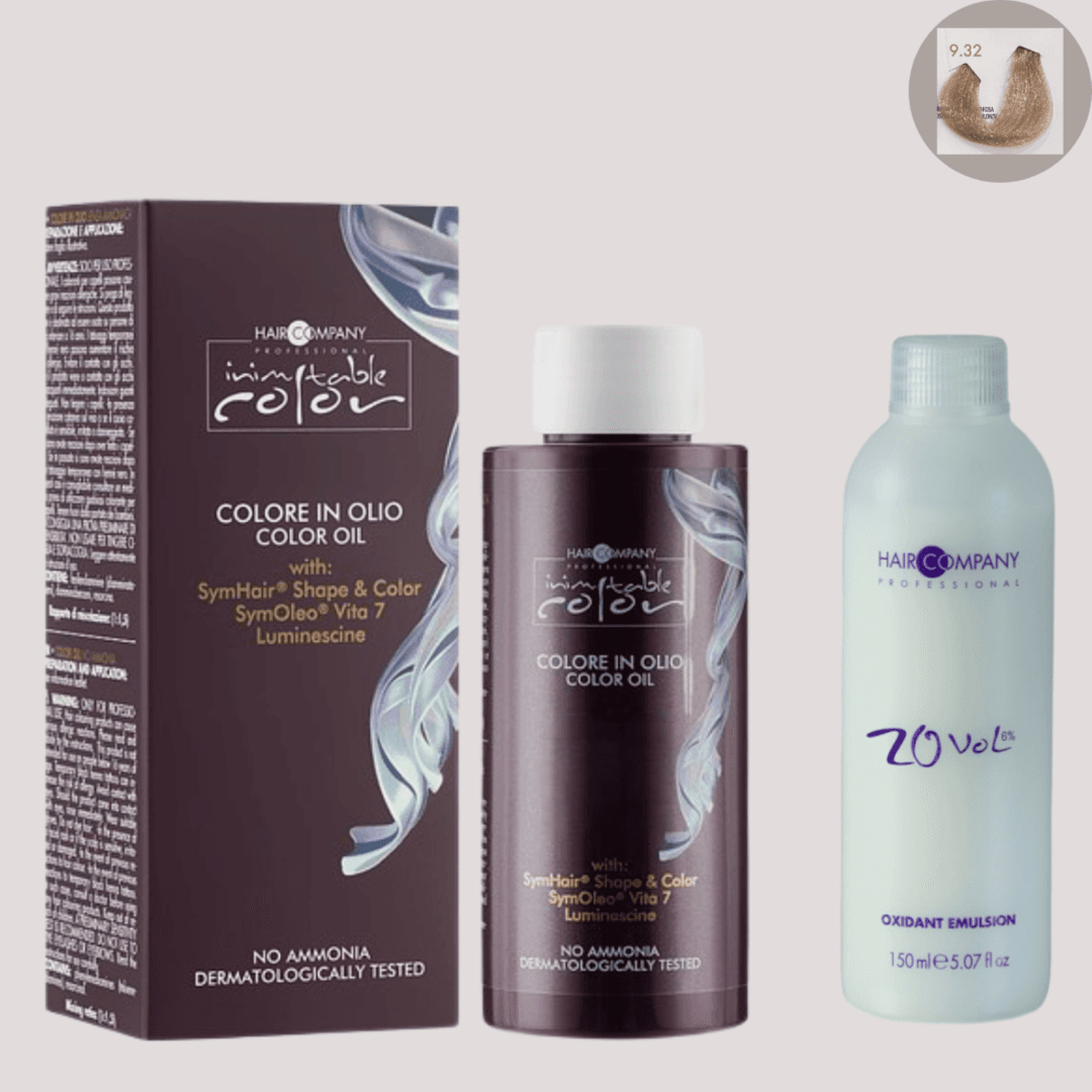زيت تلوين الشعر Inimitable Color Oil من Hair Company 9.32 وردي ذهبي أشقر فاتح 100 مل LB13136 + مستحلب مؤكسد 20 مجلدًا (6%) (6%) مستحلب مؤكسد