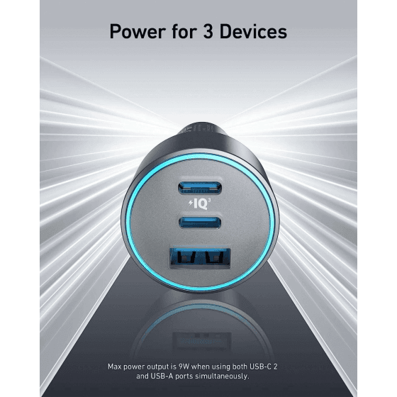 Anker 335 Car Charger USB PD (Power Delivery) 67 Watts 3 USB (2X USB-C/1X USB) Black