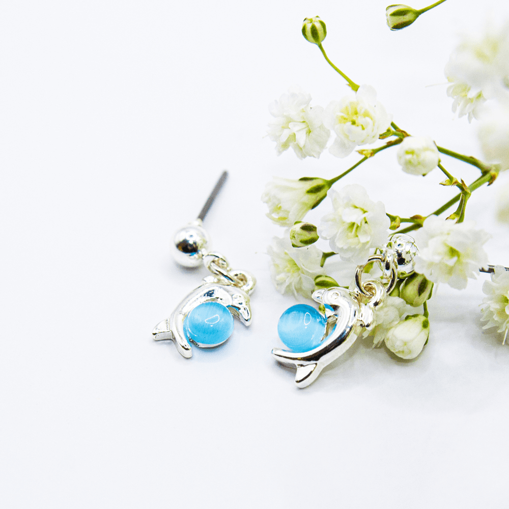 Earring ear sense K24 Nickel free for sensitive ears Silver drop dolphin with blue ball 1pair