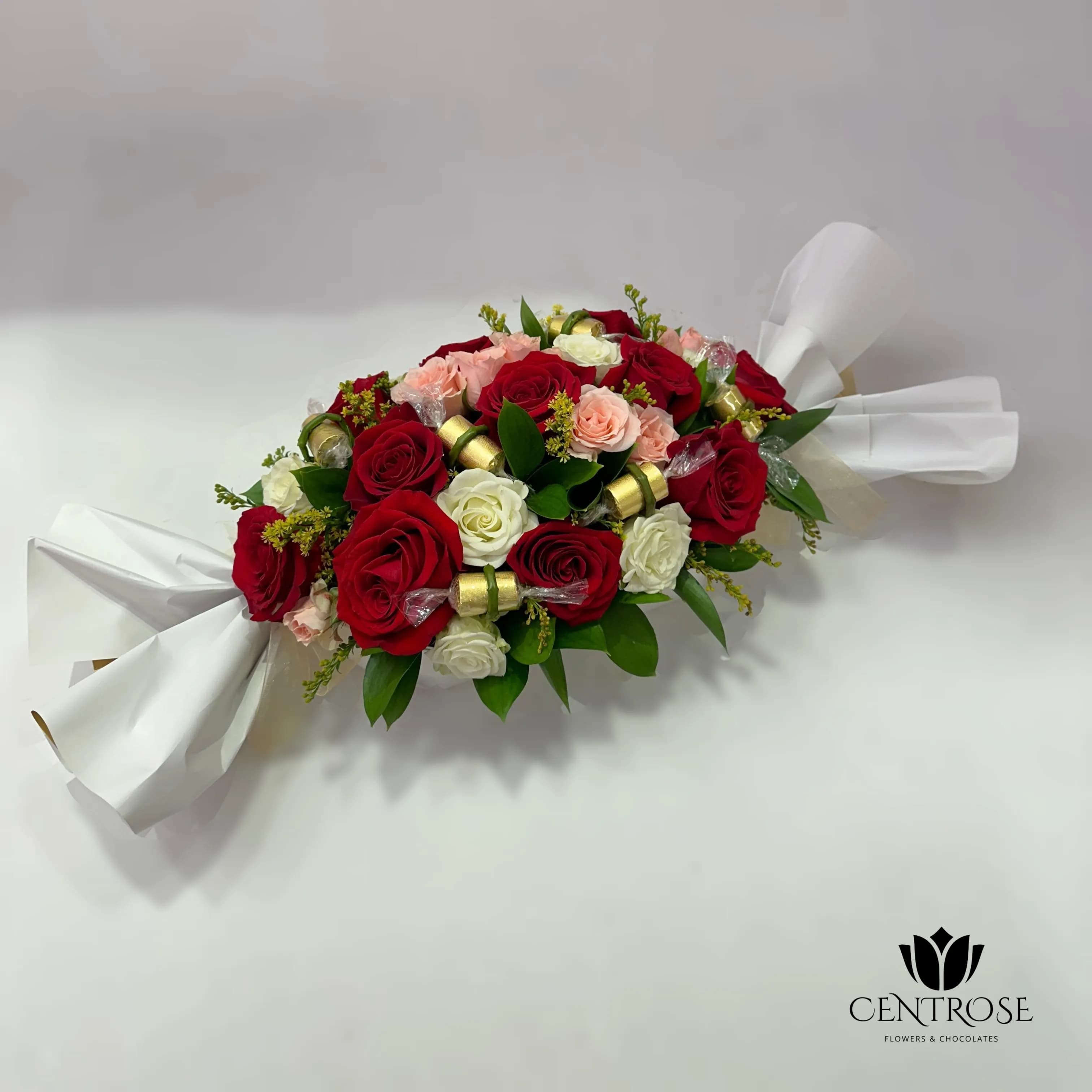 Flowers And Chocolates Shape Arrangement