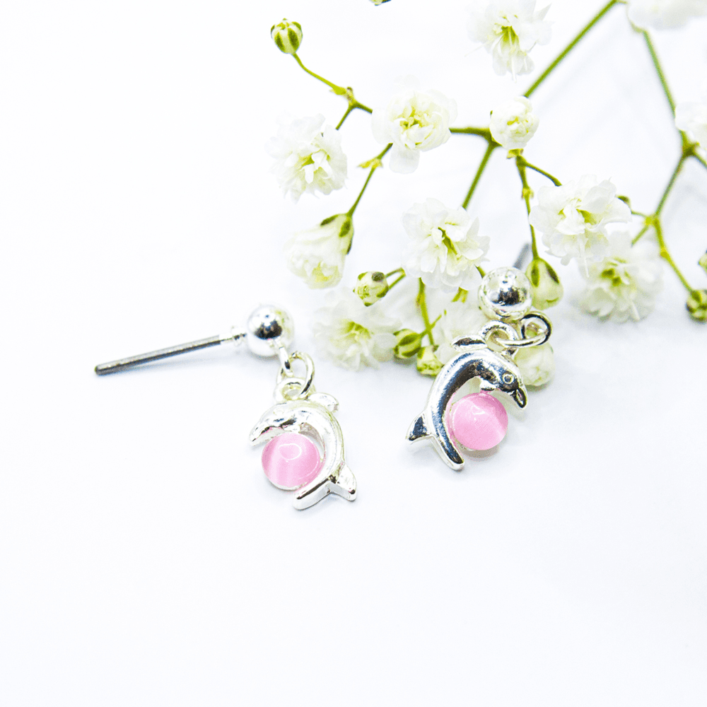 Earring ear sense K18 Nickel free for sensitive ears Silver drop dolphin with pink ball 1pair