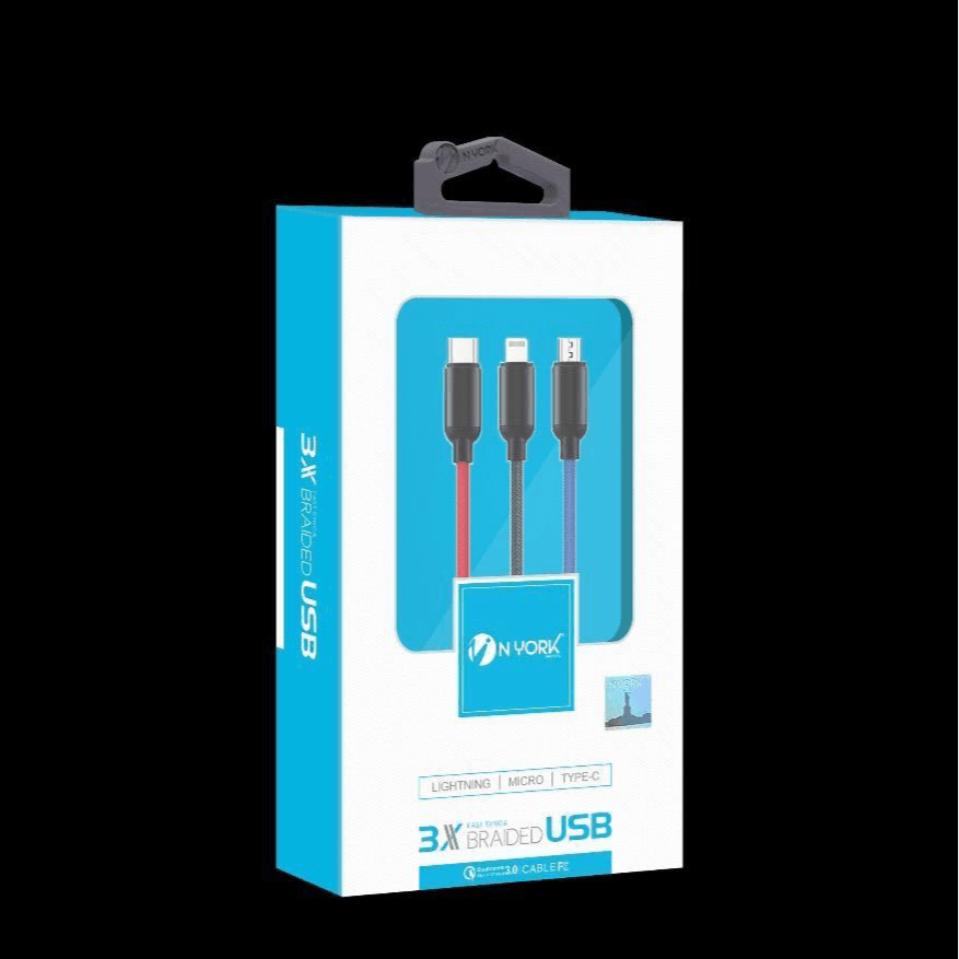 NYORK 3 in 1 -UC835 FAST  NYLON BRAIDED USB 1.2 METER CABLE