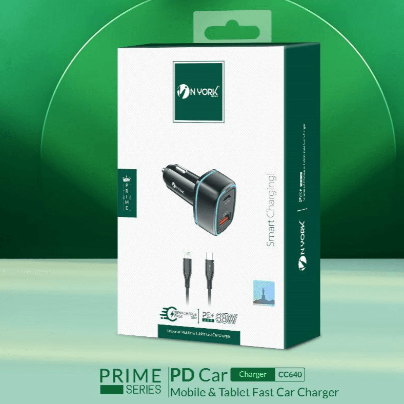 NYORK PRIME DUAL CC-640 - 38W  USB AND PD CAR CHARGER WITH TYPE-C TO LIGHTNING 1 METER CABLE