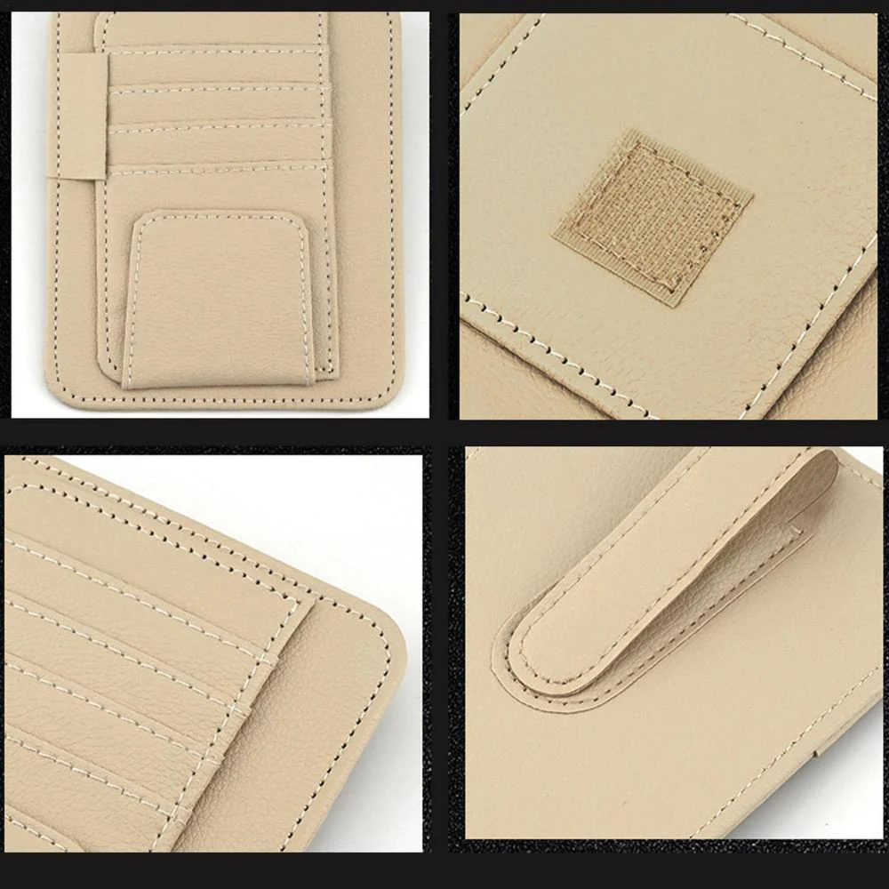 Leather Car Sun Visor Organizer - Multi-Pocket Holder for Sunglasses, Cards, Bills, Wallet, Pen-BEIGE