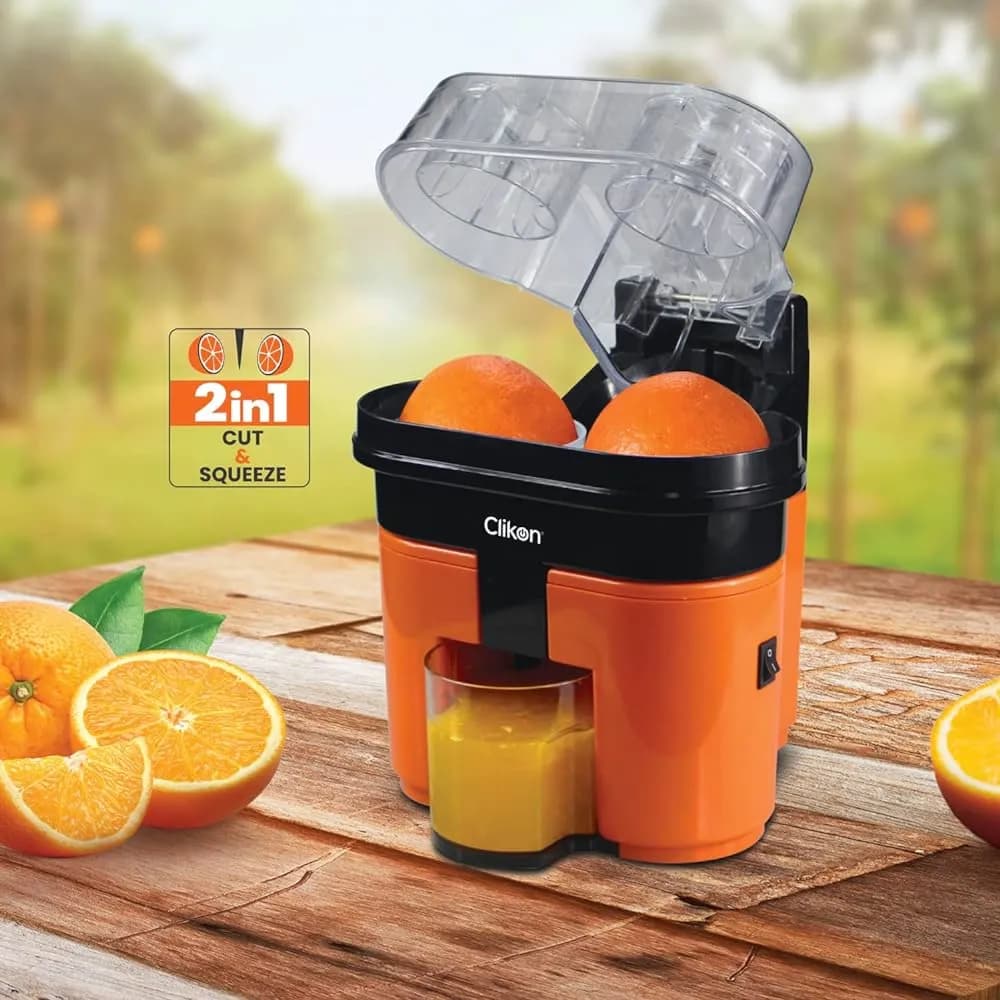 Clikon 2 in 1 Citrus Juicer with Dual Squeezer Technology, One Touch Operation, Built-in Citrus Slicer, 90 Watts,Orange and Black - CK2258