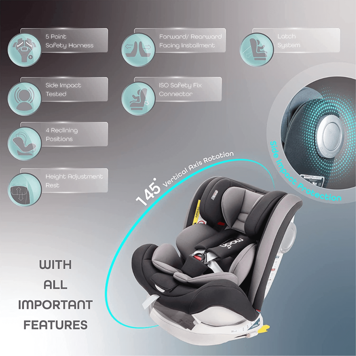 Moon Melhor Convert Combin Car Seat Reclining Isofix Black Group:0+/I/Ii/Iii (Buy 1 Get 1 Free)