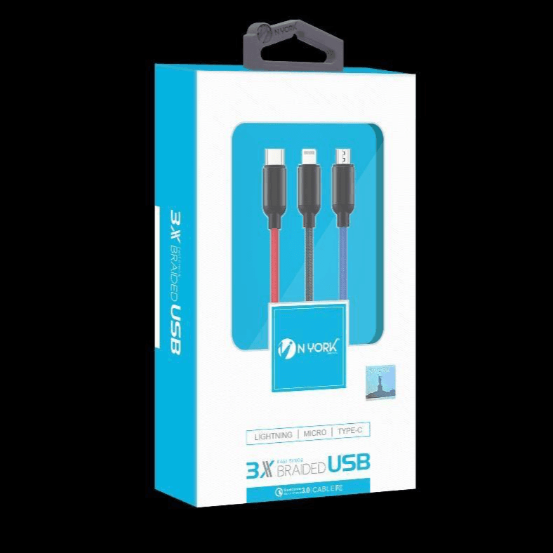 NYORK 3 in 1 -UC835 FAST  NYLON BRAIDED USB 1.2 METER CABLE