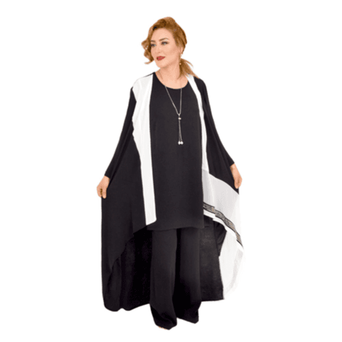 Black And White Edges Abaya Set With Necklace - 3 L/xl