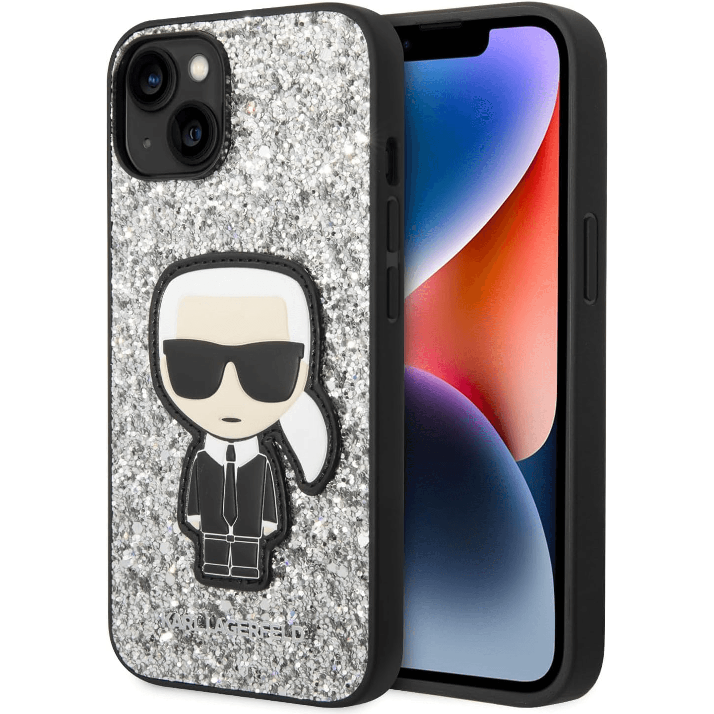 Cover Iphone 14 Prokarl Original For Women Lagerfeld Glitter Flakes Case With Ikonik Patch Silver