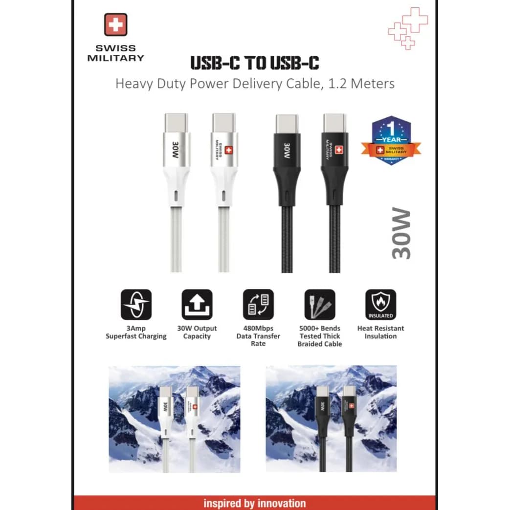 Swiss Military Usb-c To Usb-c Heavy Duty Power Delivery Cable 1.2mtr 30w-white