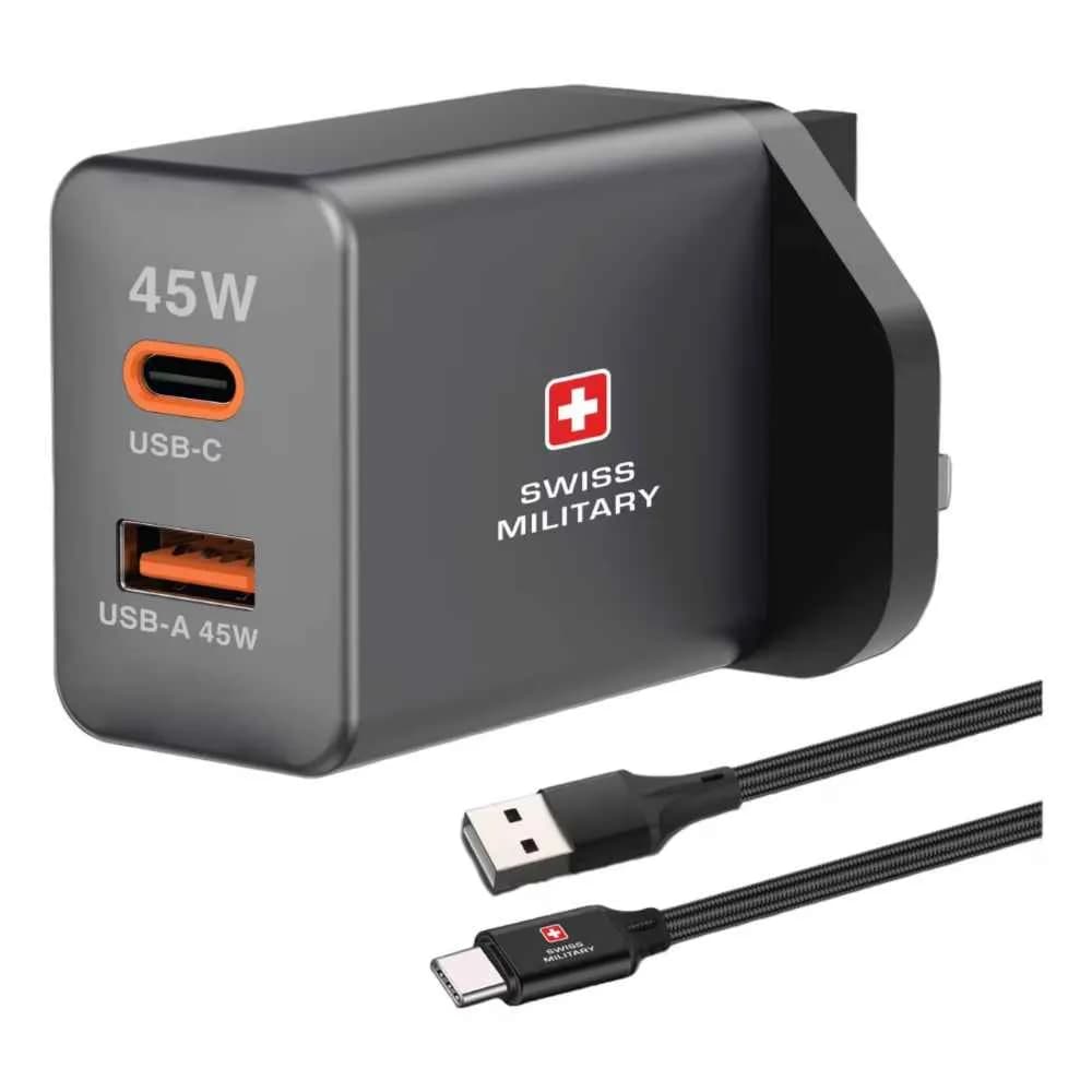 Swiss Military 45 W Gan Super Charger + USB A to USB C Cable 60W (Special promo)