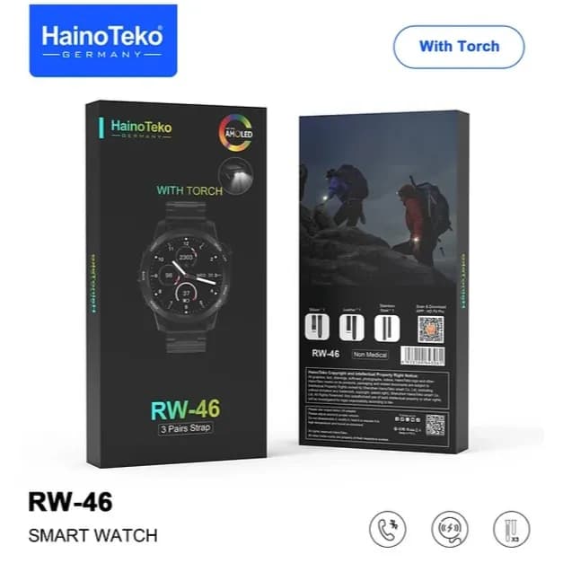 Hainoteko Rw-46 Smart Watch Amoled Round With 3 Strap+ Torch