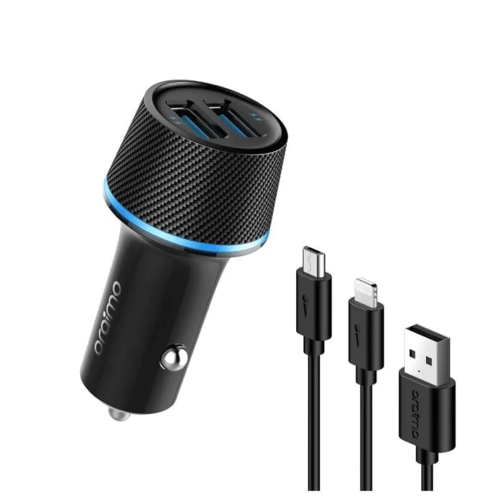 Oraimo Car Charger Led Light-Ring Dual Output Fast Charging,Multi-Protection,2In1 Cable(Micro&Lightning)