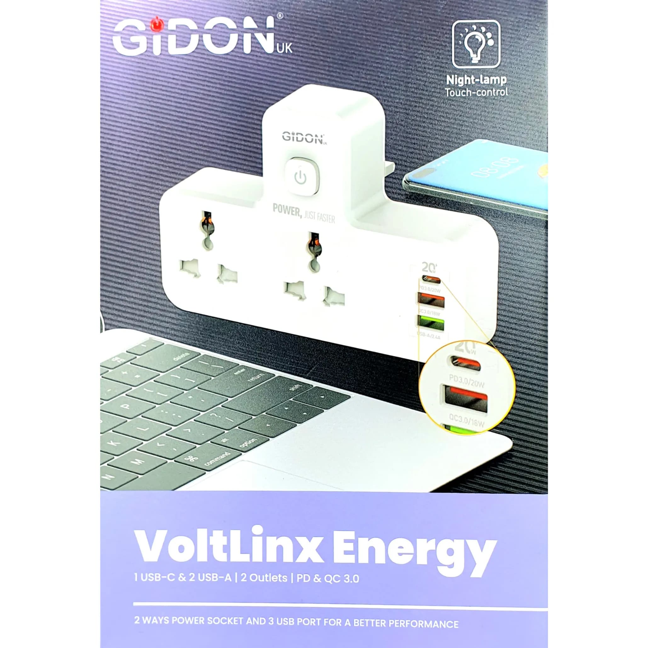 Gidon 2 Ways Power Socket And 3 USB Port & NIGHT LAMP TOUCH CONTROL