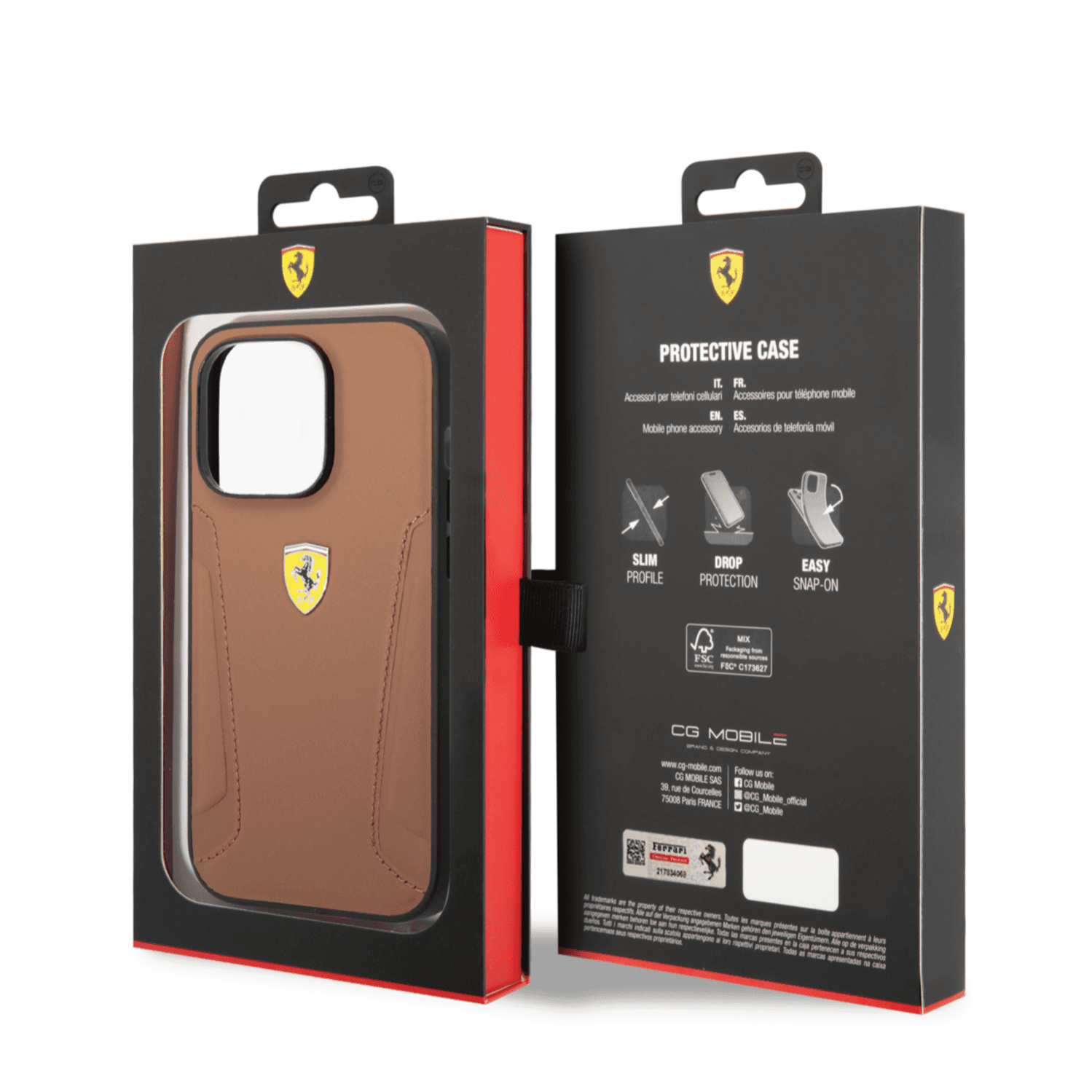 Cover IPhone 14 Pro original Ferrari leather case with with hot stamped sides   & yellow shield logo brown