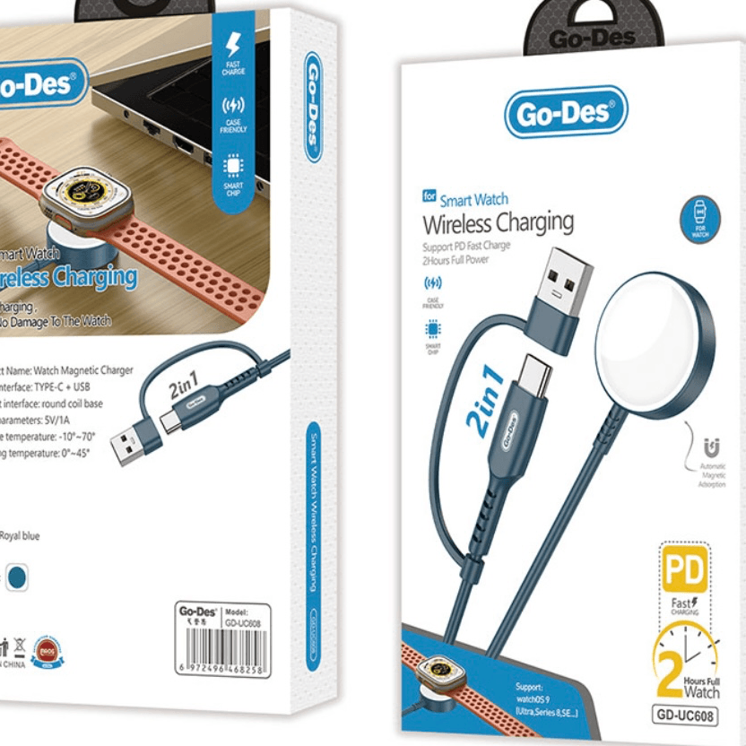Go-Des Watch Series Se/7/6/5/4/3 Smart Watch Wireless Charging 2 In 1 Type-C and USB Charger Go Des GD-UC608