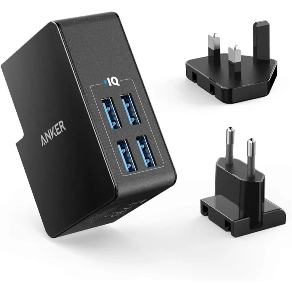 Anker USB plug charger 5.4A/27W 4-port USB charger, powerport 4 lite with interchangeable UK and EU travel charger, adapter for iPhone - Galaxy -iPad and More