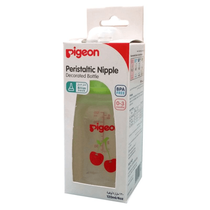 Pigeon Peristaltic Nipple plastic decorated bottle with Cherry S (Slow Flow)  0-3months Slim Neck 120ml