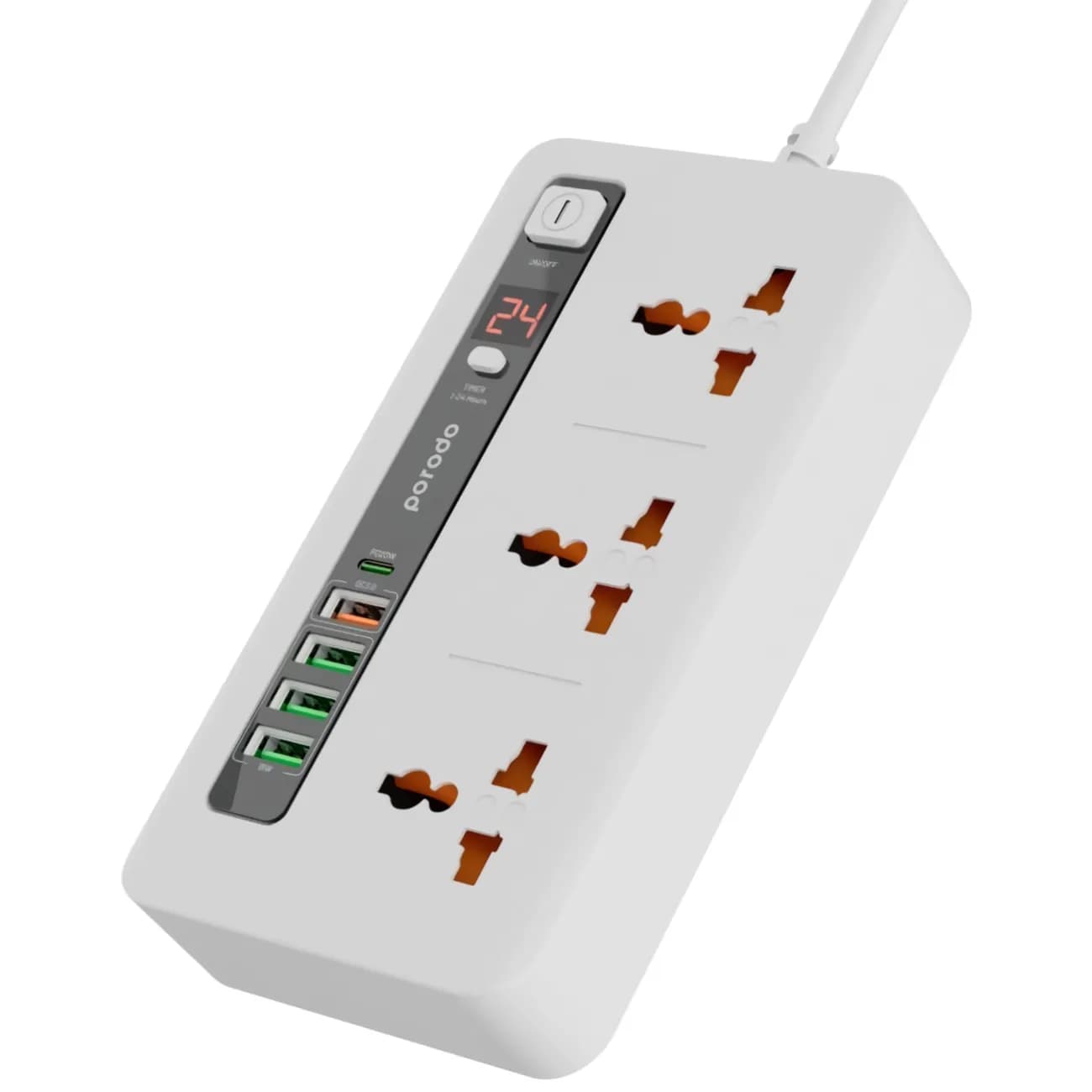 Porodo Extention Multi Port Power Hub  2m -4 usb/ 1 type-c 3 socket