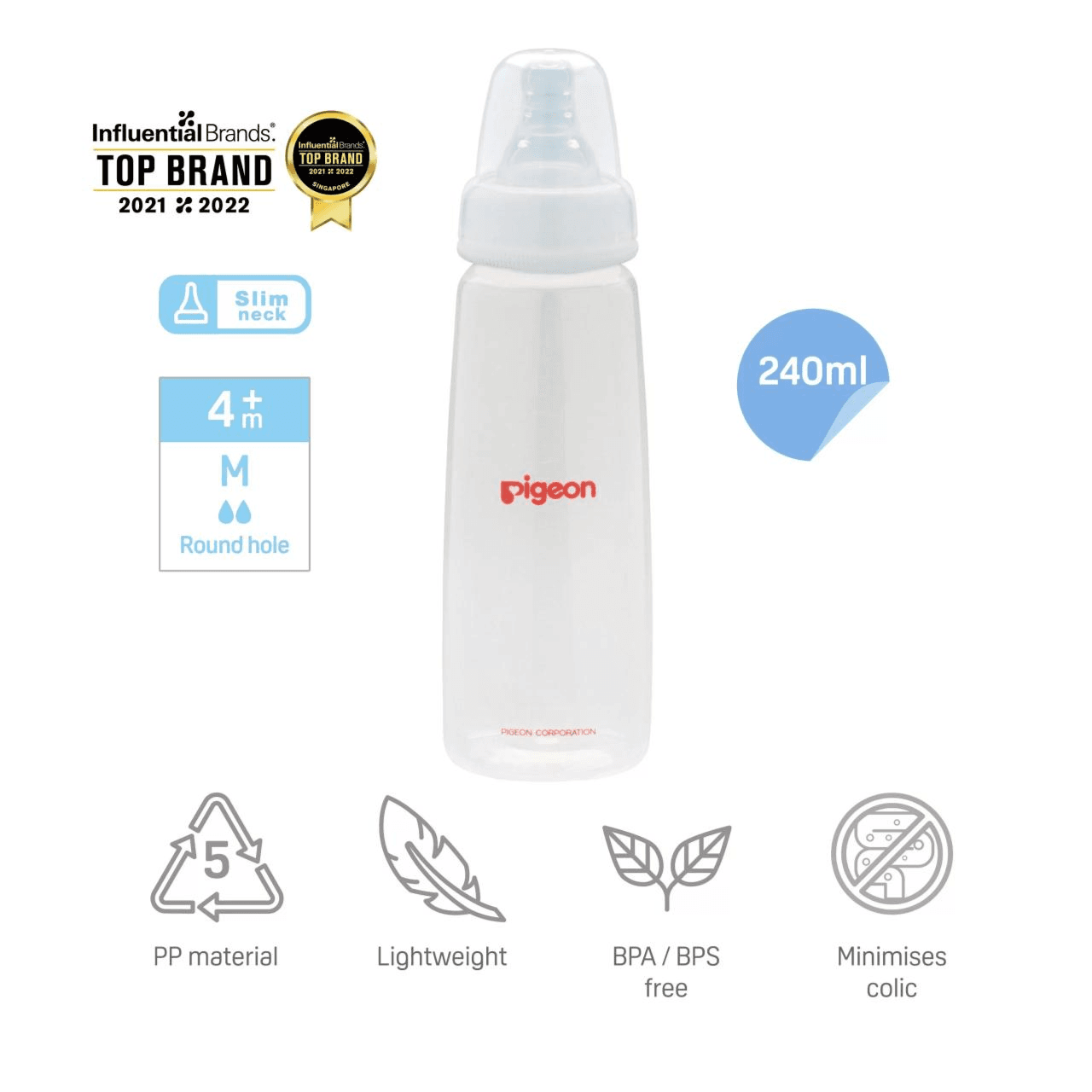 Pigeon Flexible plastic feeding bottle 4+months M round hole with slim neck 240ml Ref-PA26006