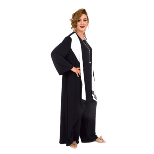 Black And White Edges Abaya Set With Necklace - 3 L/xl