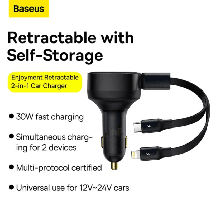 شاحن سيارة Baseus قابل للسحب من النوع C & Lightning 2 في 1 بقدرة 30 وات، محول شاحن سيارة سريع متوافق مع أجهزة Samsung، وiPhone، والأجهزة اللوحية، وما إلى ذلك.
